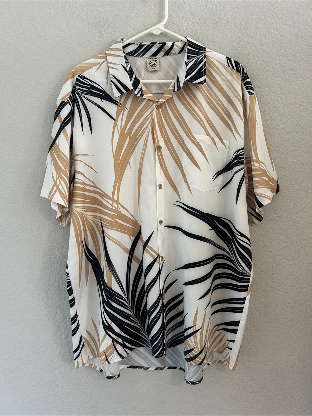 Men's Short Sleeve Palm Print Button-Down Shirt - White, Beige & Black